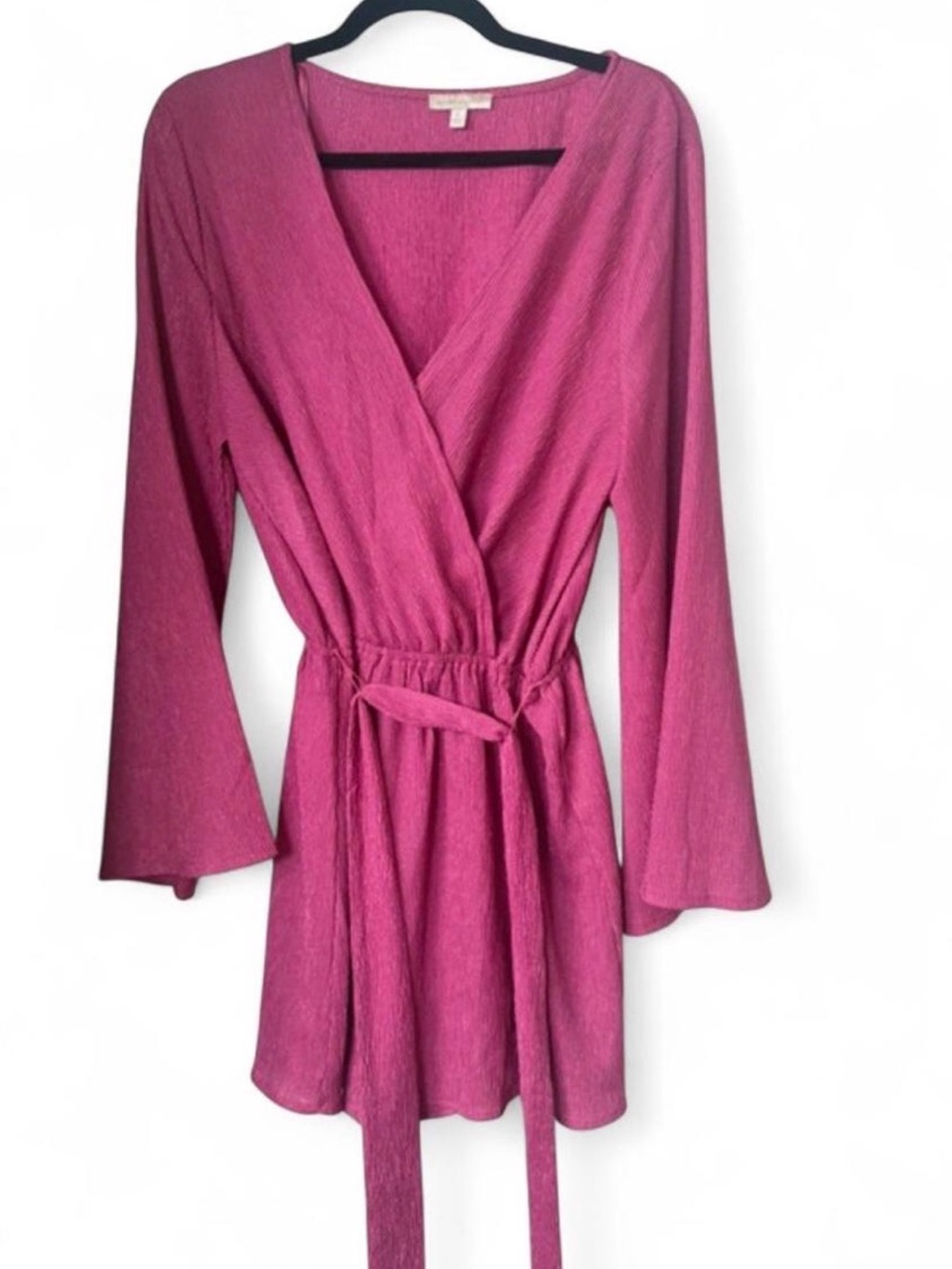 Wrap-Front Long Sleeve Romper in Fuchsia Pink